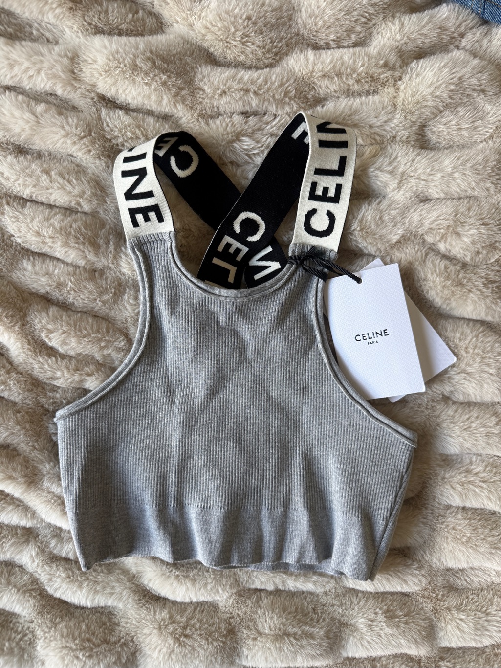 Celine Ribbed Crop Tank With Logo Straps - Light Gray Nwt
